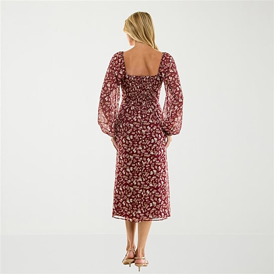 Trixxi Womens Juniors Midi Sweetheart Neck Long Sleeve Floral A-Line Dress
