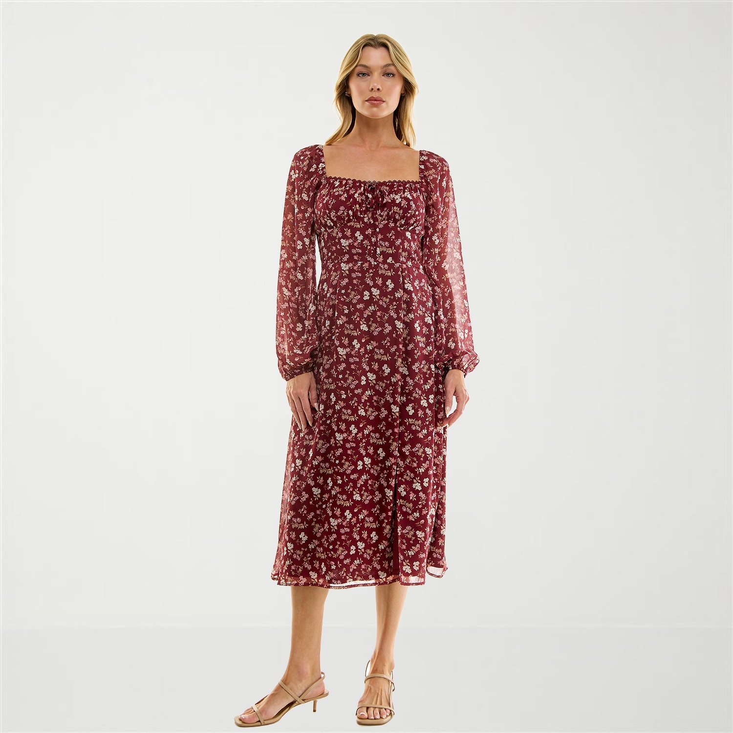Trixxi Womens Juniors Midi Sweetheart Neck Long Sleeve Floral A-Line Dress