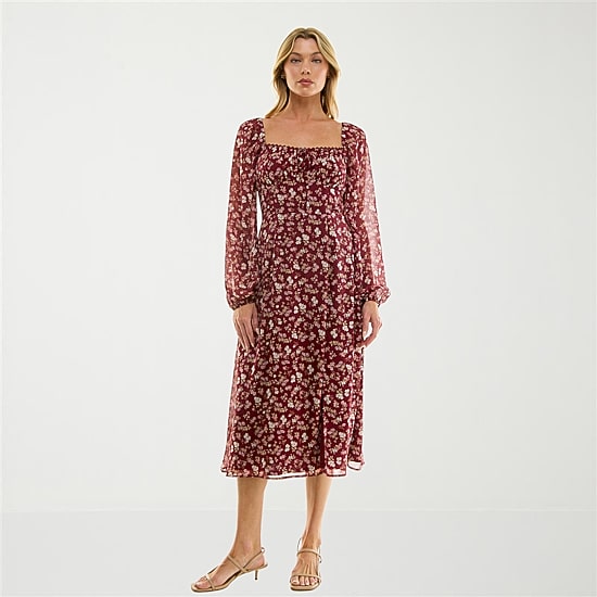 Trixxi Womens Juniors Midi Sweetheart Neck Long Sleeve Floral A-Line Dress