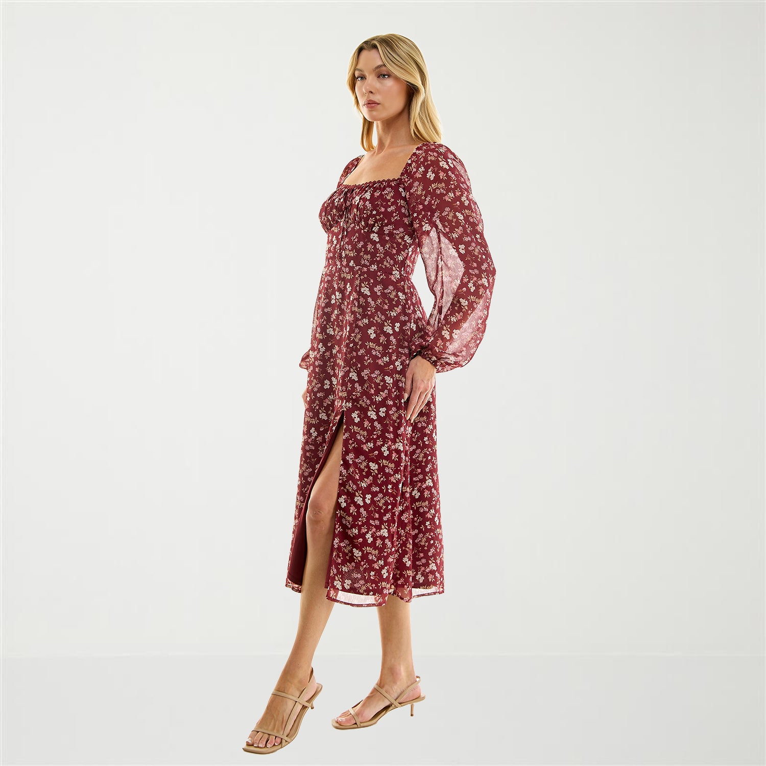 Trixxi Womens Juniors Midi Sweetheart Neck Long Sleeve Floral A-Line Dress