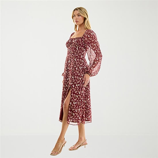 Trixxi Womens Juniors Midi Sweetheart Neck Long Sleeve Floral A-Line Dress