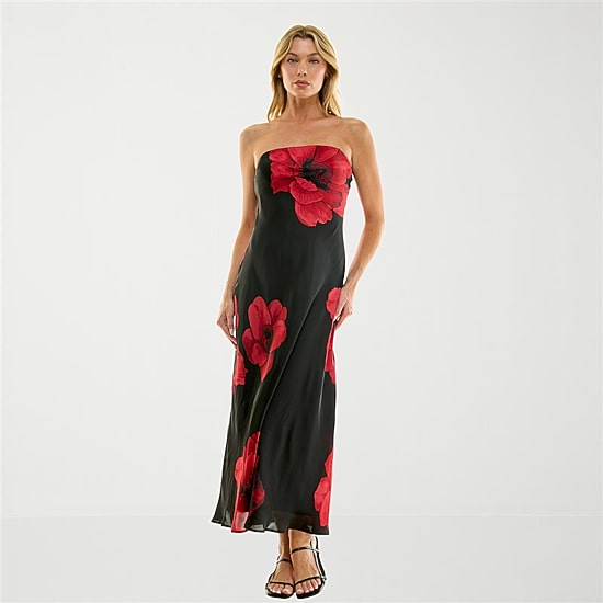 Trixxi Womens Juniors Sleeveless Floral Midi Slip Dress, Color: Black