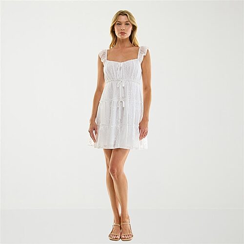 Trixxi Womens Juniors V Neck Short Sleeve Babydoll Dress In White