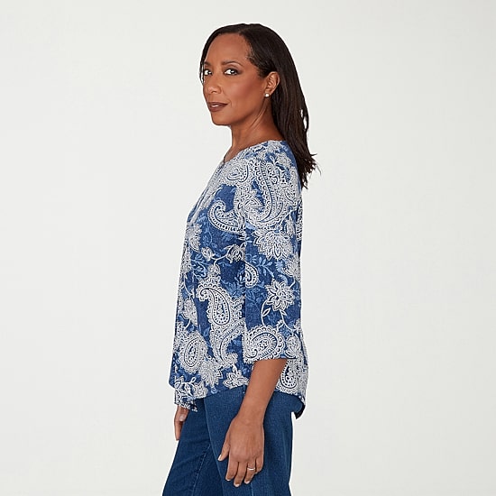 Alfred Dunner Classics Womens Split Crew Neck 3/4 Sleeve T-Shirt