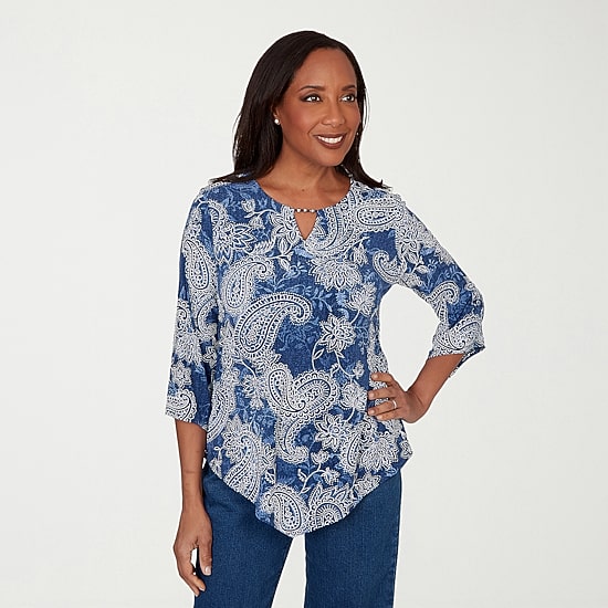 Alfred Dunner Classics Womens Split Crew Neck 3/4 Sleeve T-Shirt