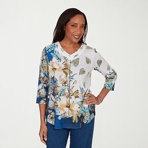 Alfred Dunner Indigo Girls Womens V Neck 3/4 Sleeve T-shirt In Blue