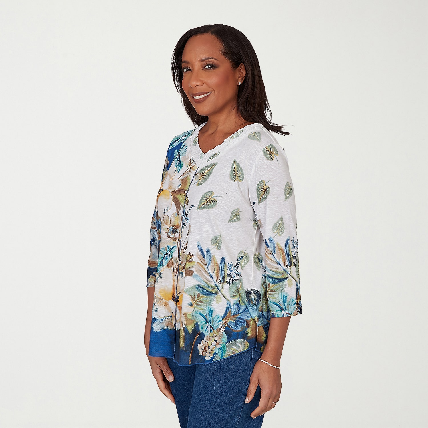 Alfred Dunner Indigo Girls Womens V Neck 3/4 Sleeve T-Shirt