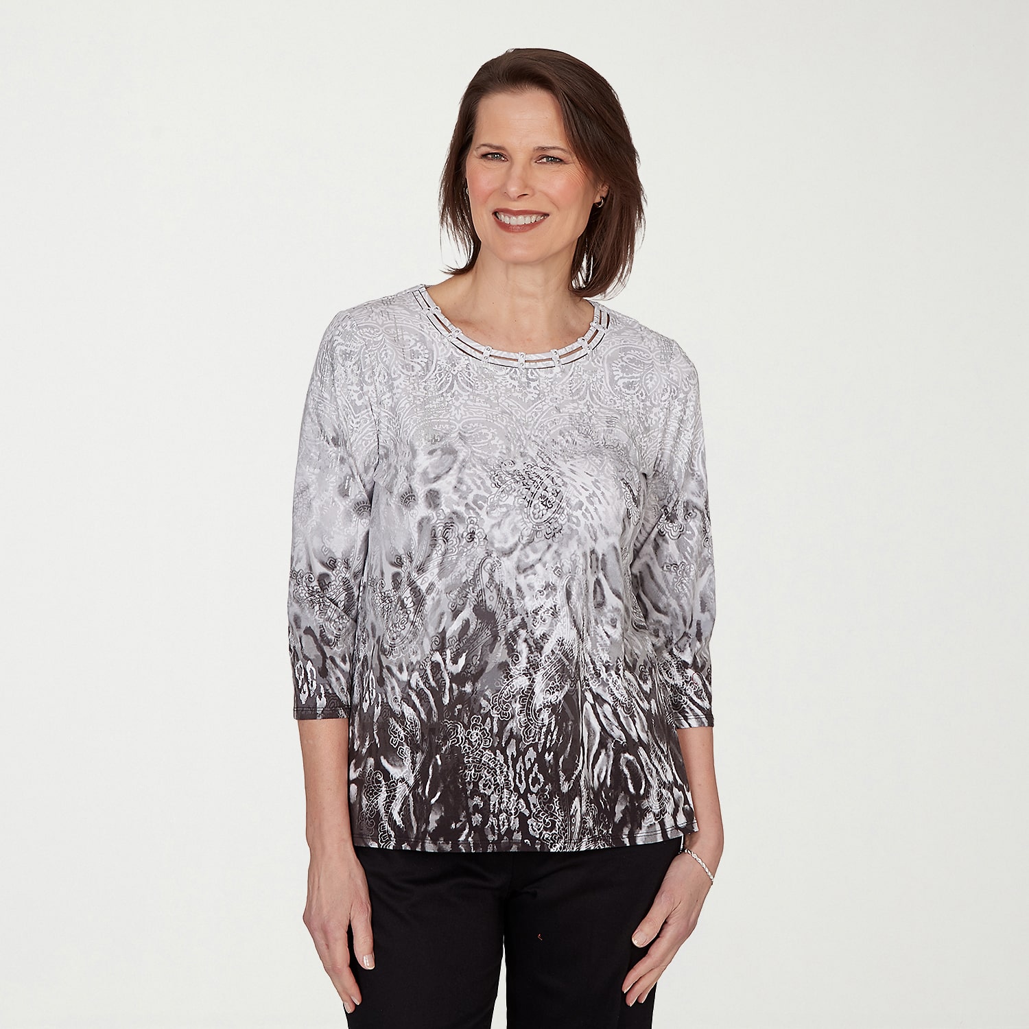 Alfred Dunner Womens Crew Neck 3/4 Sleeve T-Shirt