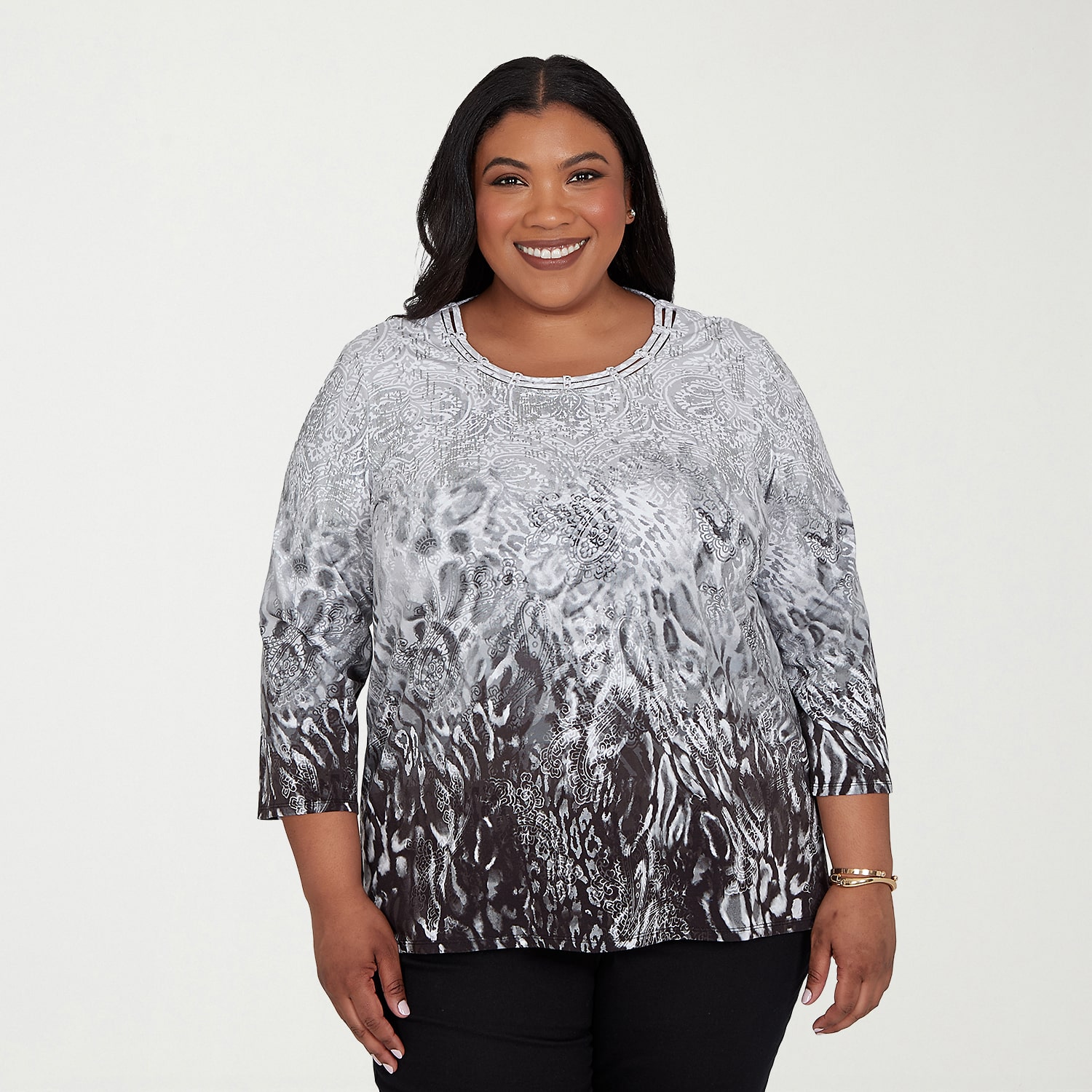 Alfred Dunner Classics Womens Plus Keyhole Neck 3/4 Sleeve T-Shirt
