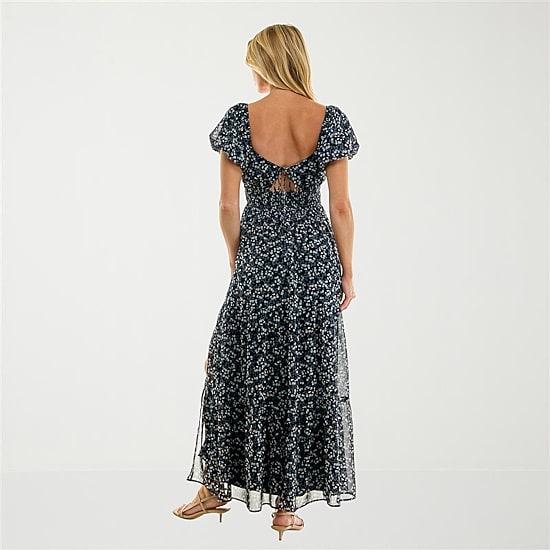 Trixxi Womens Juniors Sweetheart Neck Short Sleeve Floral A-Line Dress