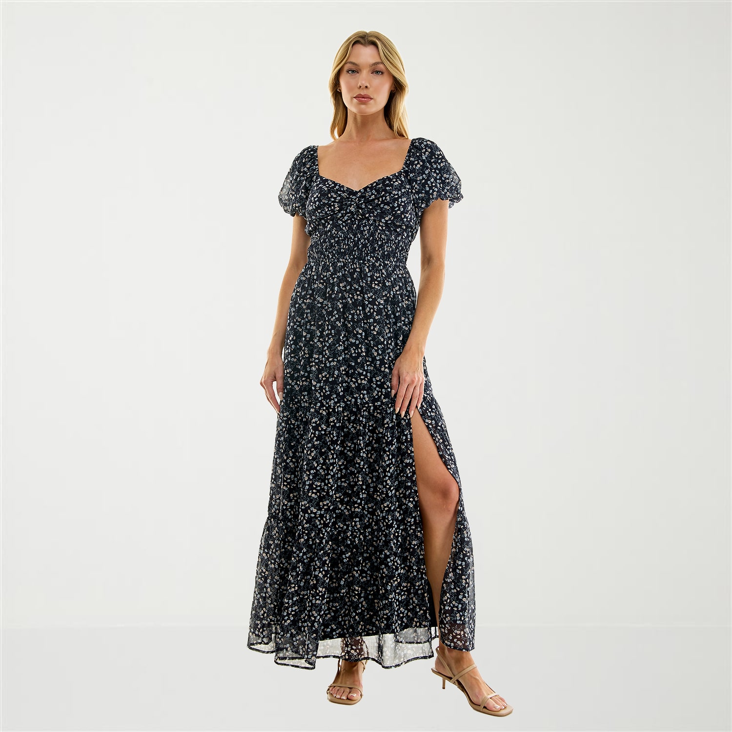 Trixxi Womens Juniors Sweetheart Neck Short Sleeve Floral A-Line Dress