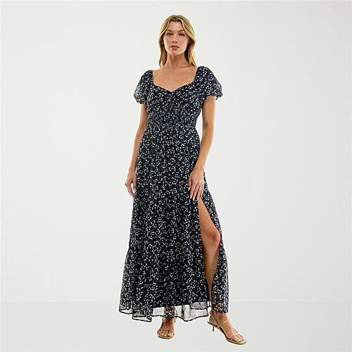 Trixxi Womens Juniors Sweetheart Neck Short Sleeve Floral A-line Dress In Blue