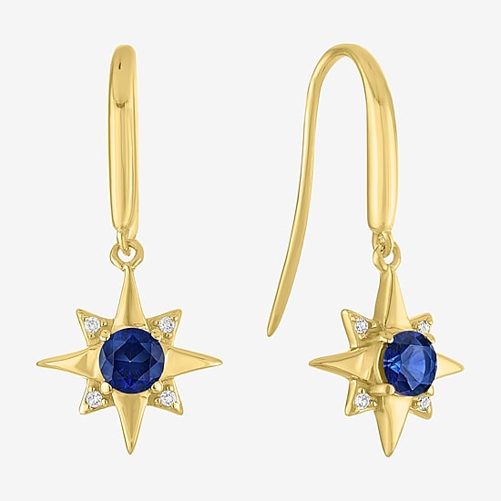 North Star Womens Lab Created Blue Sapphire 14K Gold Over Silver Star Drop Earrings