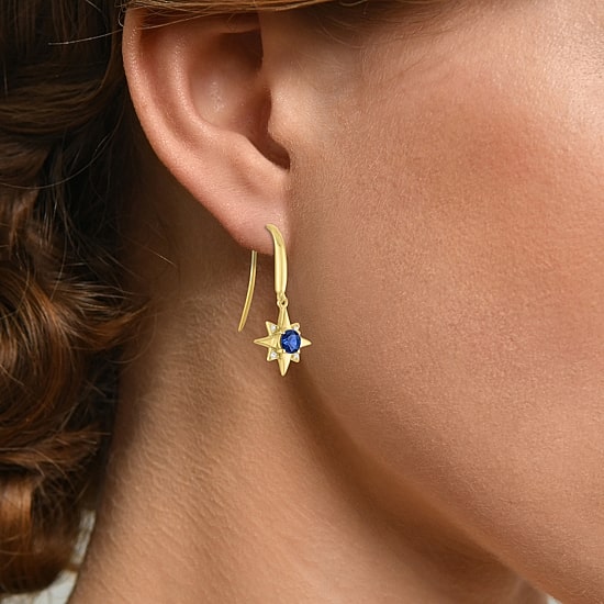 North Star Womens Lab Created Blue Sapphire 14K Gold Over Silver Star Drop Earrings