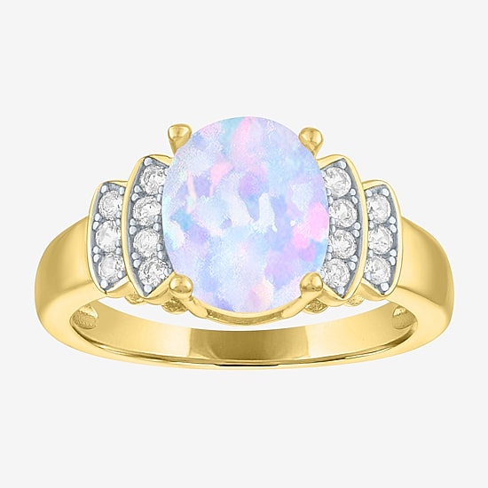 Womens Lab Created White Opal 14K Gold Over Silver Oval Side Stone Cocktail Ring