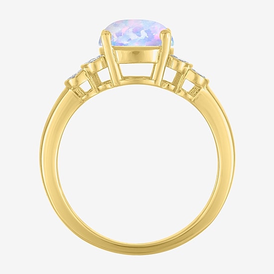 Womens Lab Created White Opal 14K Gold Over Silver Oval Side Stone Cocktail Ring