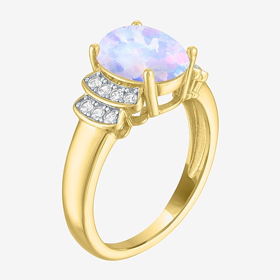 Womens Lab Created White Opal 14K Gold Over Silver Oval Side Stone Cocktail Ring