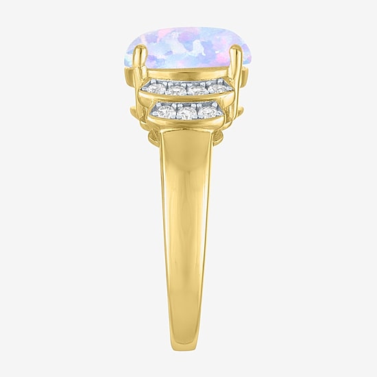 Womens Lab Created White Opal 14K Gold Over Silver Oval Side Stone Cocktail Ring