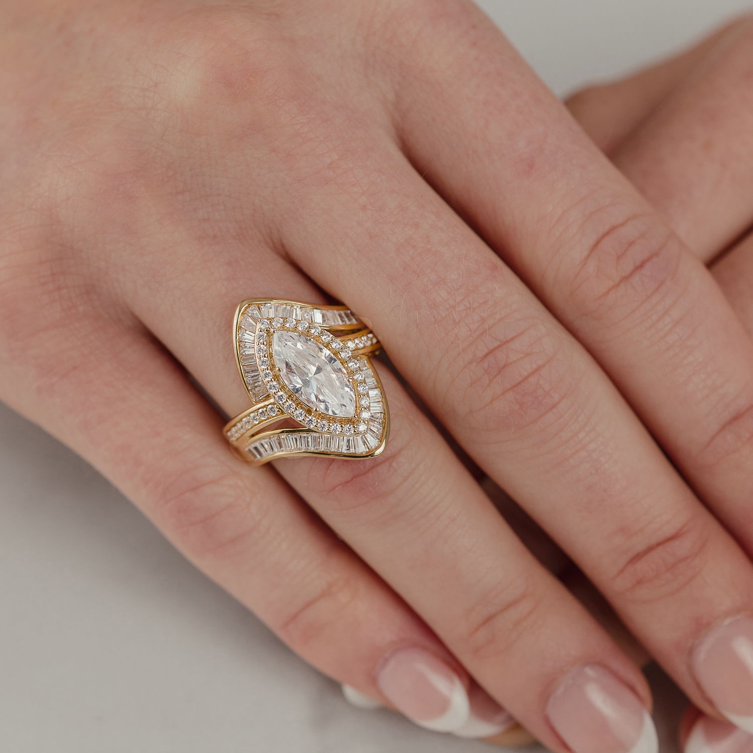 (F / Vs2) Womens 3 CT. T.W. Lab Grown White Diamond 10K Gold Marquise Halo Side Stone Cocktail Ring