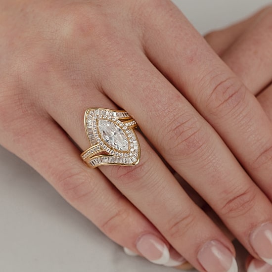 (F / Vs2) Womens 3 CT. T.W. Lab Grown White Diamond 10K Gold Marquise Halo Side Stone Cocktail Ring