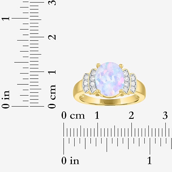 Womens Lab Created White Opal 14K Gold Over Silver Oval Side Stone Cocktail Ring