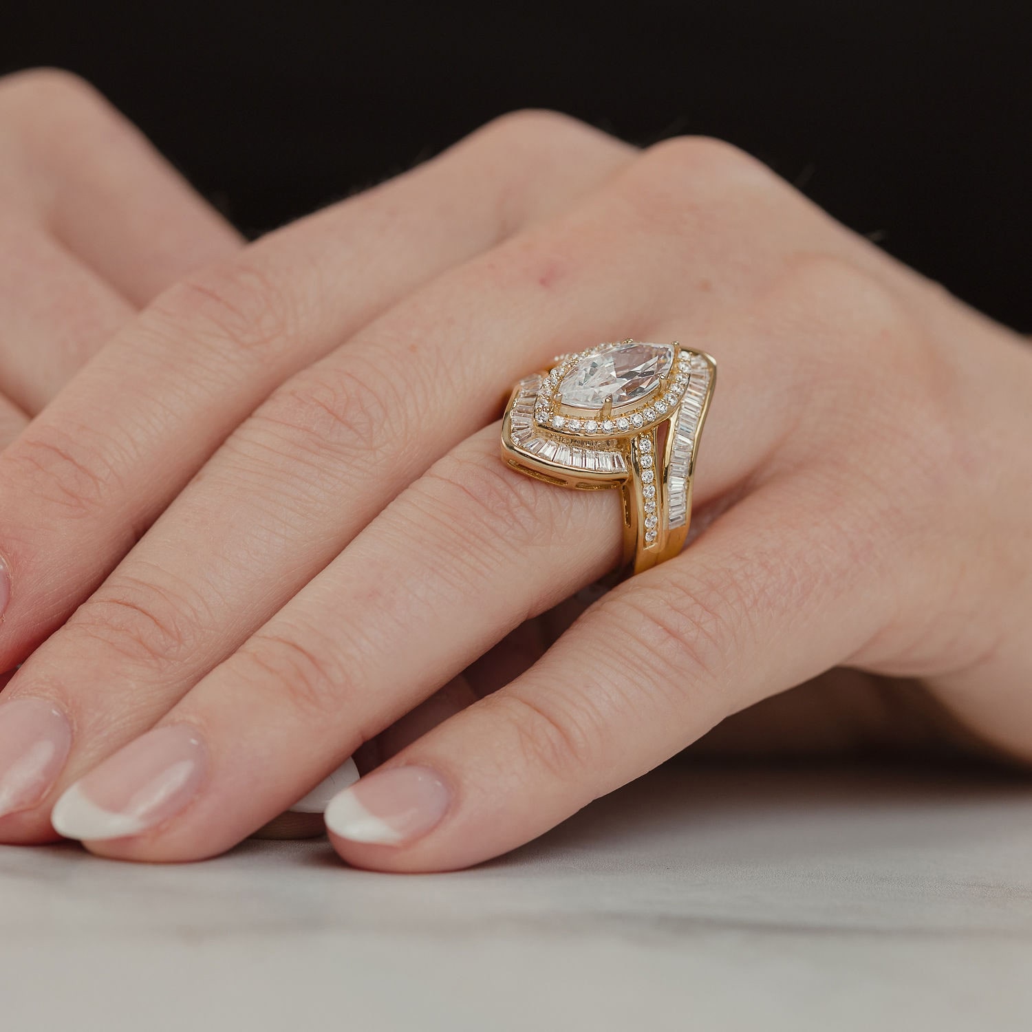 (F / Vs2) Womens 3 CT. T.W. Lab Grown White Diamond 10K Gold Marquise Halo Side Stone Cocktail Ring
