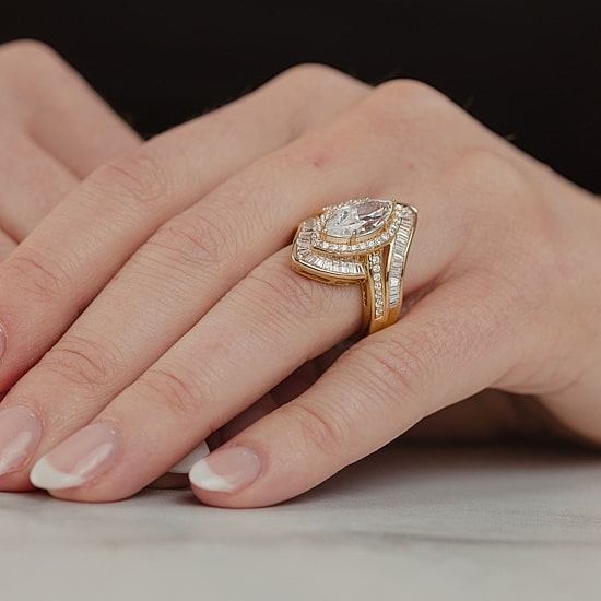 (F / Vs2) Womens 3 CT. T.W. Lab Grown White Diamond 10K Gold Marquise Halo Side Stone Cocktail Ring