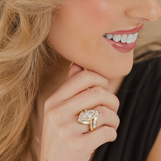 (F / Vs2) Womens 3 CT. T.W. Lab Grown White Diamond 10K Gold Marquise Halo Side Stone Cocktail Ring