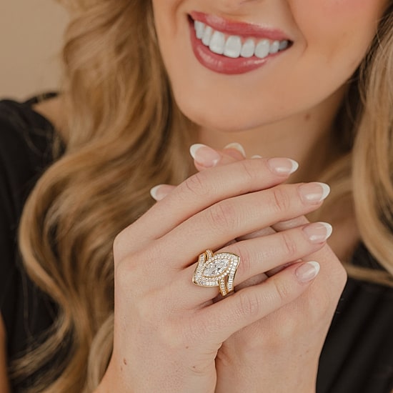 (F / Vs2) Womens 3 CT. T.W. Lab Grown White Diamond 10K Gold Marquise Halo Side Stone Cocktail Ring