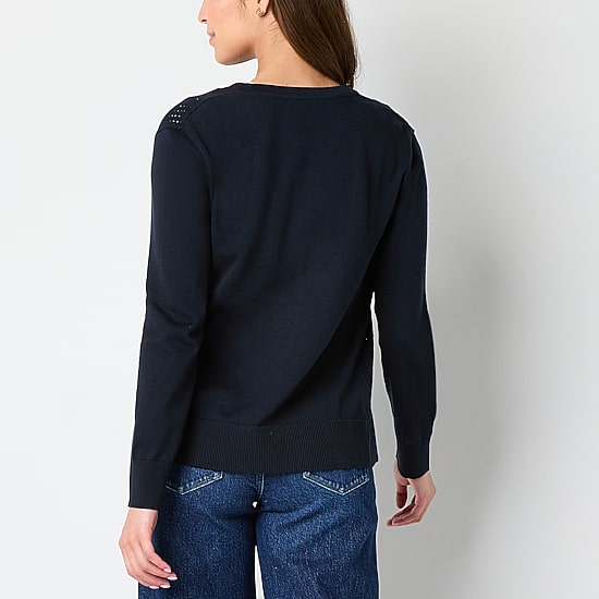 IZOD Womens Jewel Neck Long Sleeve Button Juniors Cardigan