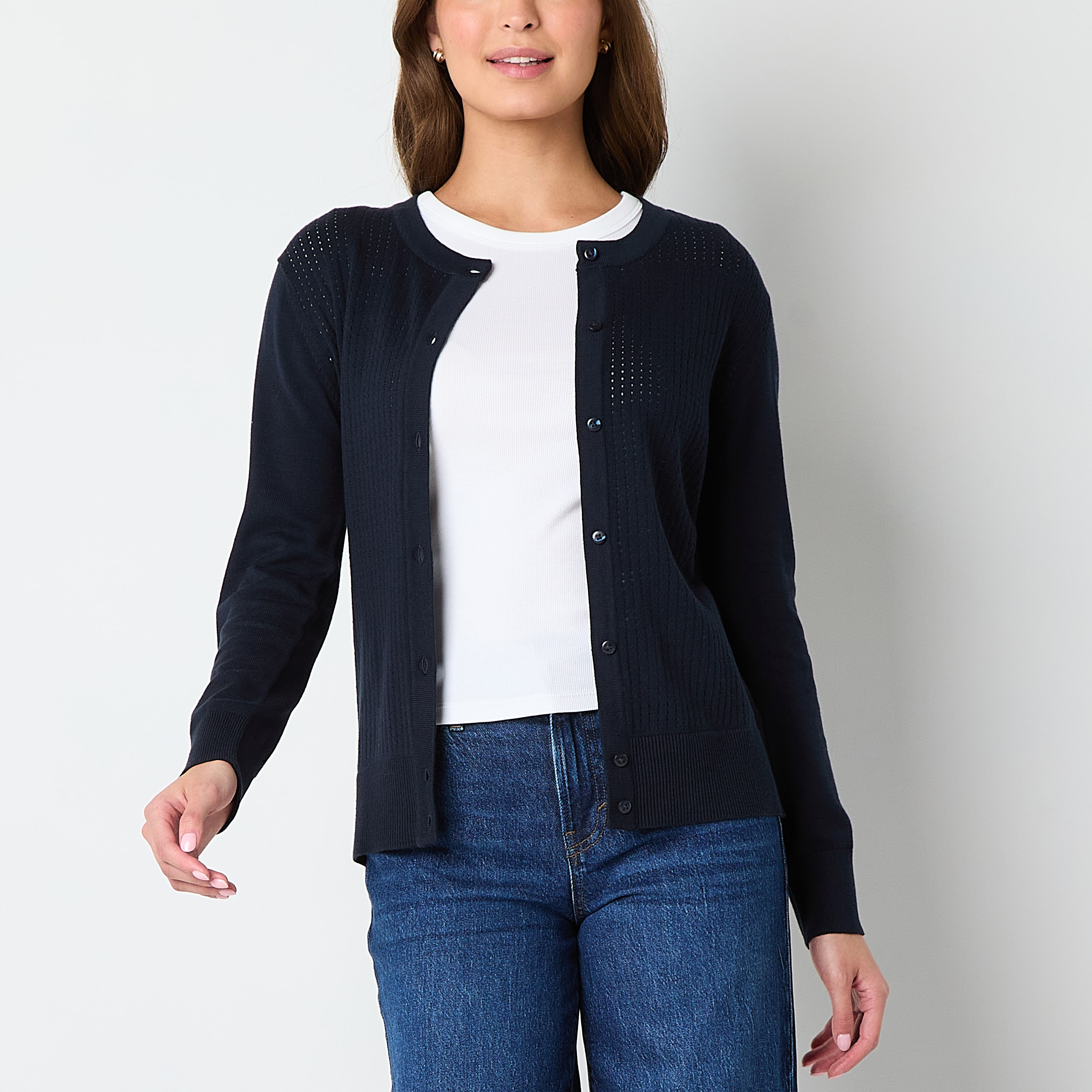 IZOD Womens Long Sleeve Button Juniors Cardigan
