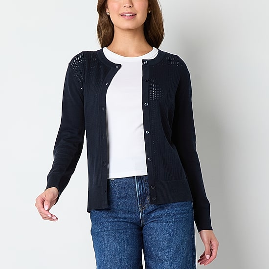 IZOD Womens Jewel Neck Long Sleeve Button Juniors Cardigan