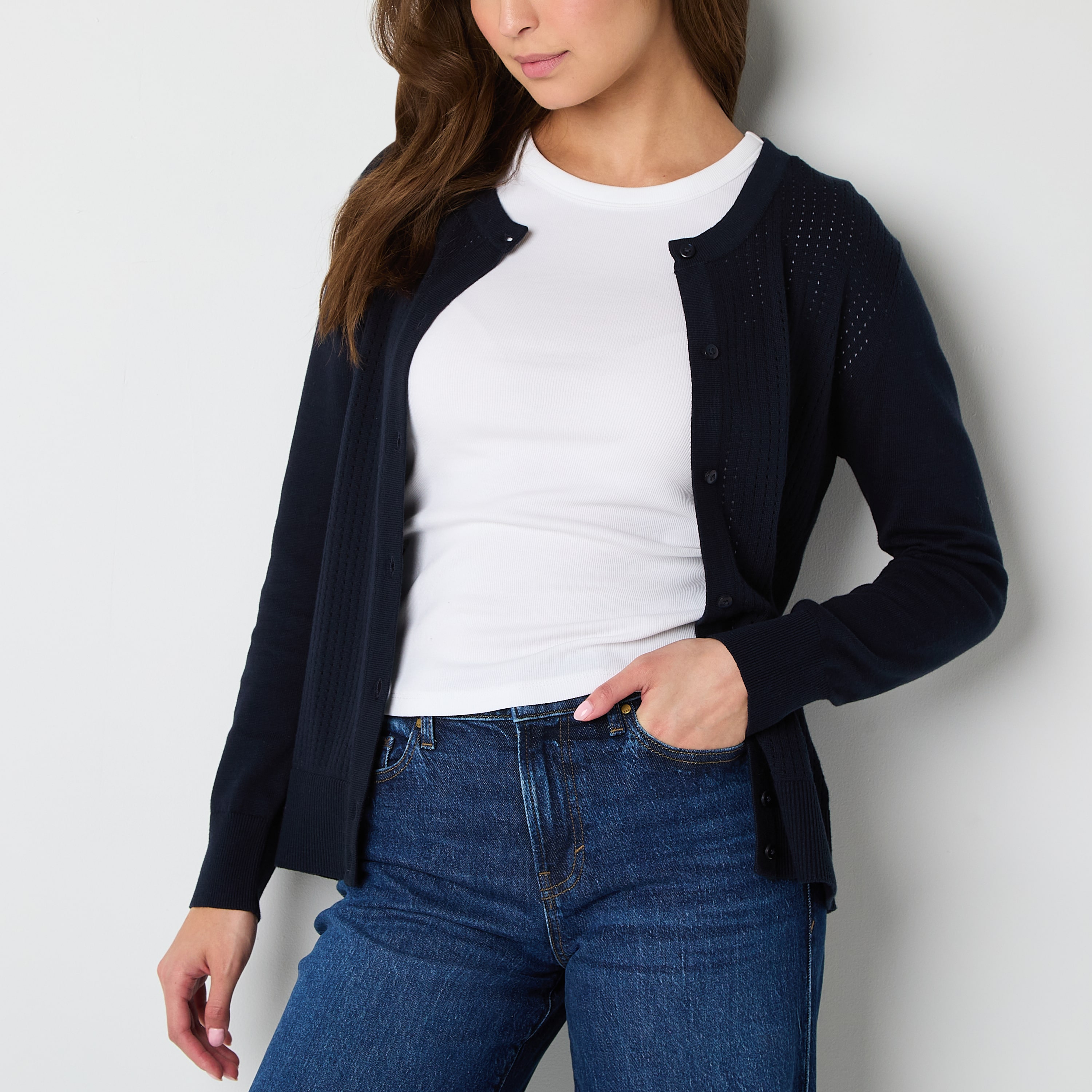 IZOD Womens Long Sleeve Button Juniors Cardigan