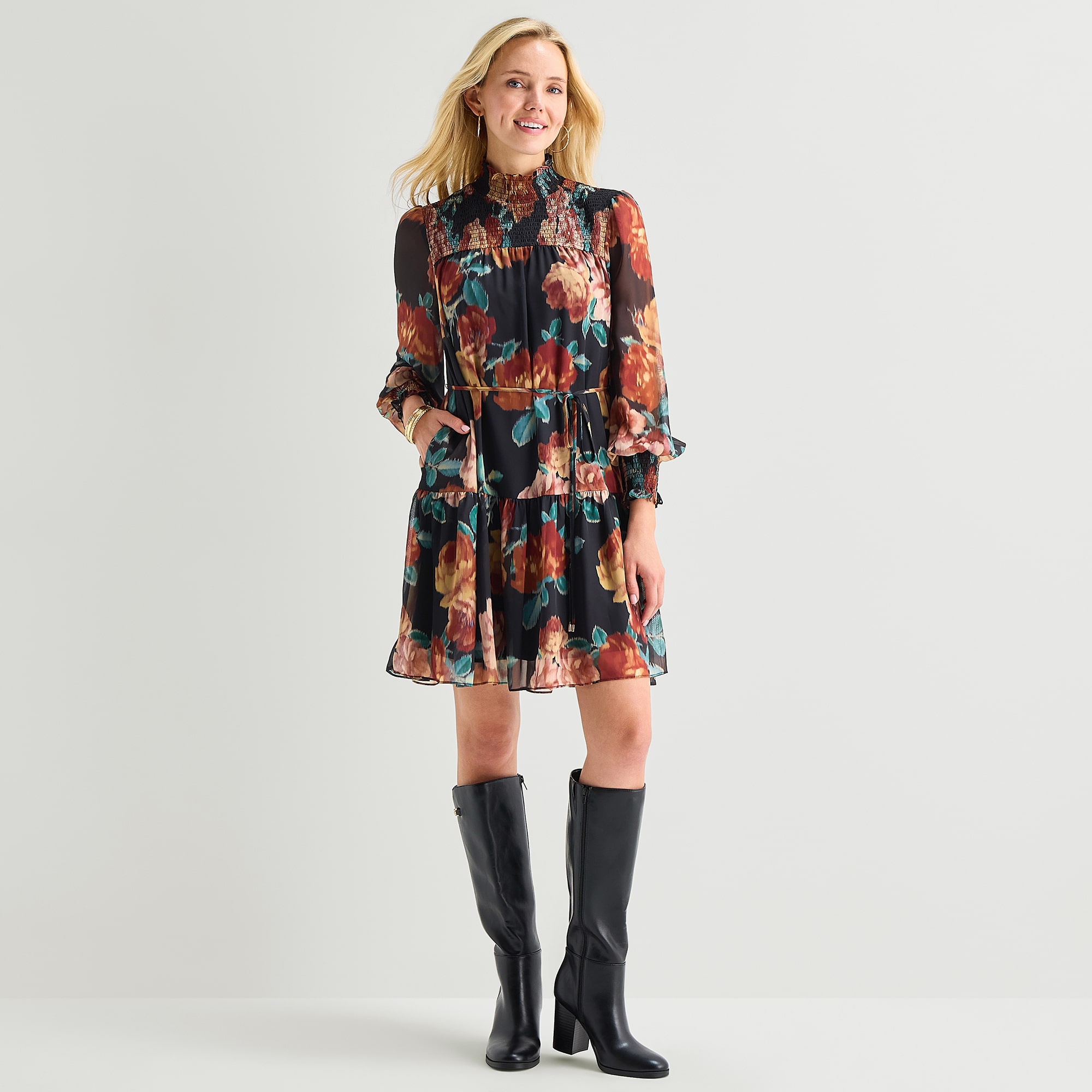 Maia Womens Turtleneck Long Sleeve Balloon Floral Fit + Flare Dress