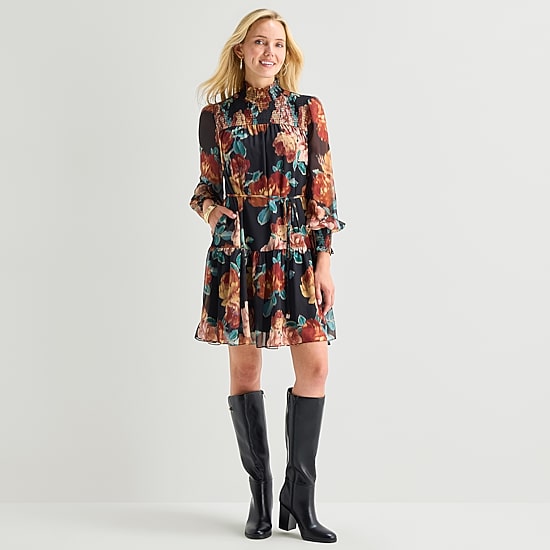 Maia Womens Turtleneck Long Sleeve Balloon Chiffon Floral Fit + Flare Dress