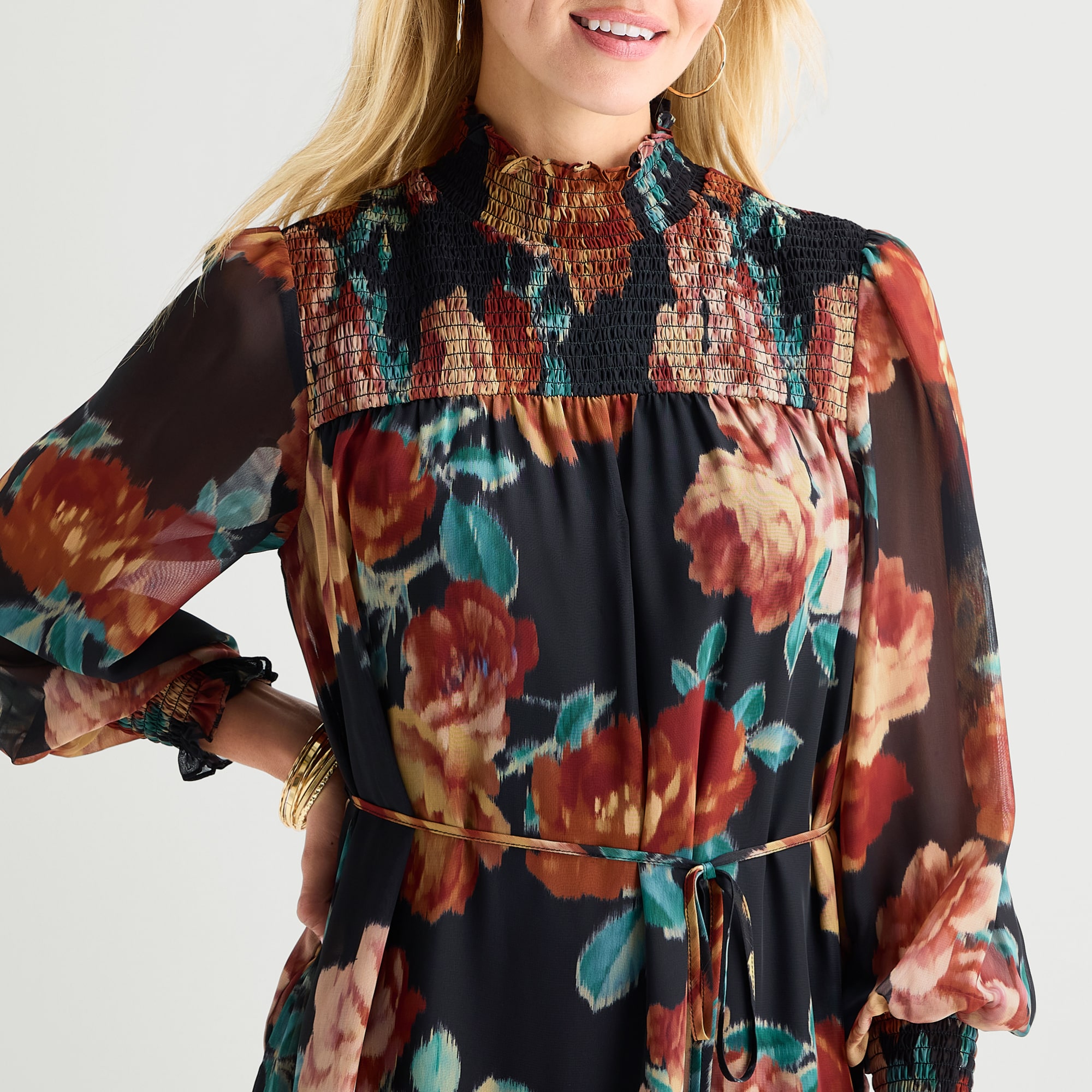 Maia Womens Turtleneck Long Sleeve Balloon Floral Fit + Flare Dress
