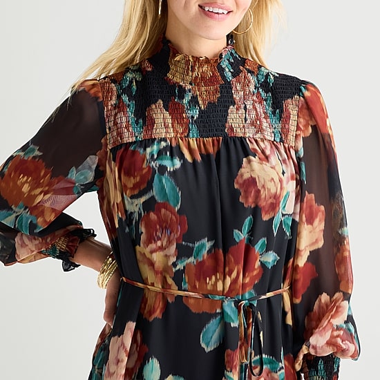 Maia Womens Turtleneck Long Sleeve Balloon Chiffon Floral Fit + Flare Dress