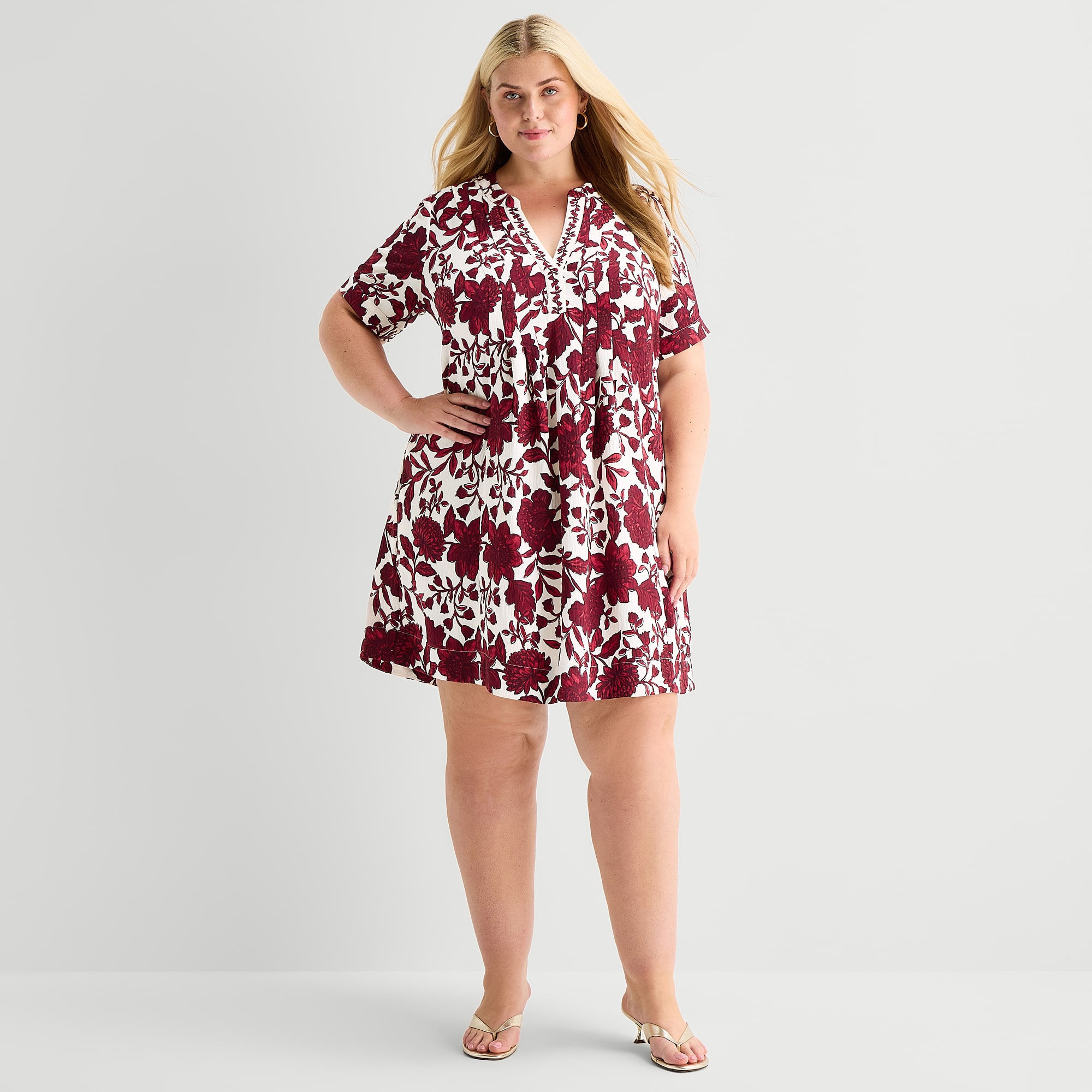 Be by CHETTA B Womens Plus V Neck Short Sleeve Floral Shift Dress