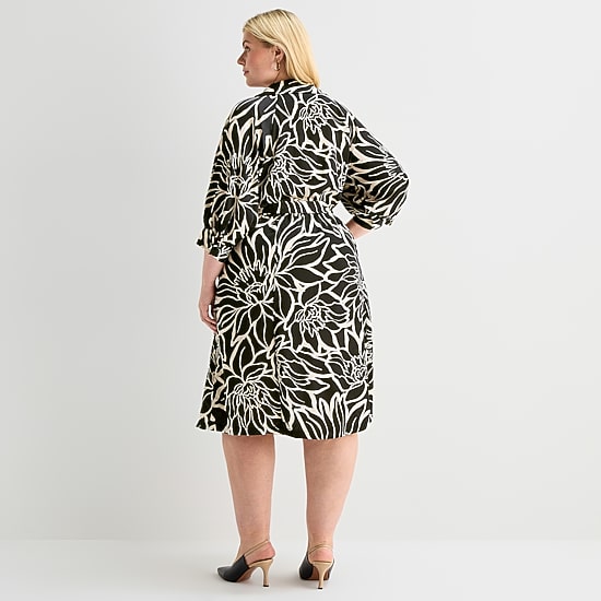 Sandra Darren Womens Plus Midi 3/4 Sleeve Cuffed Floral Fit + Flare Dress