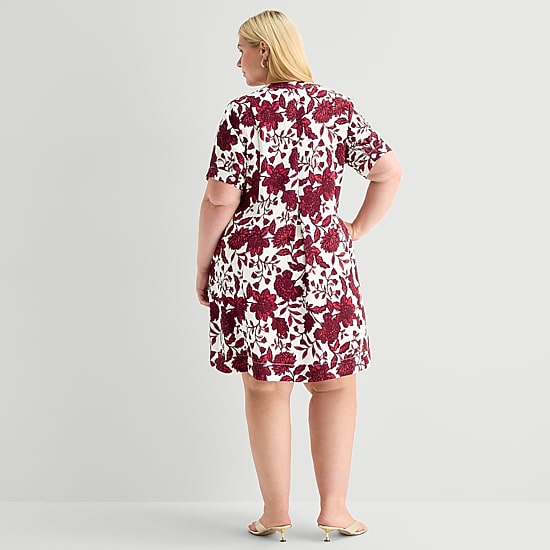 Be by CHETTA B Womens Plus V Neck Short Sleeve Floral Shift Dress