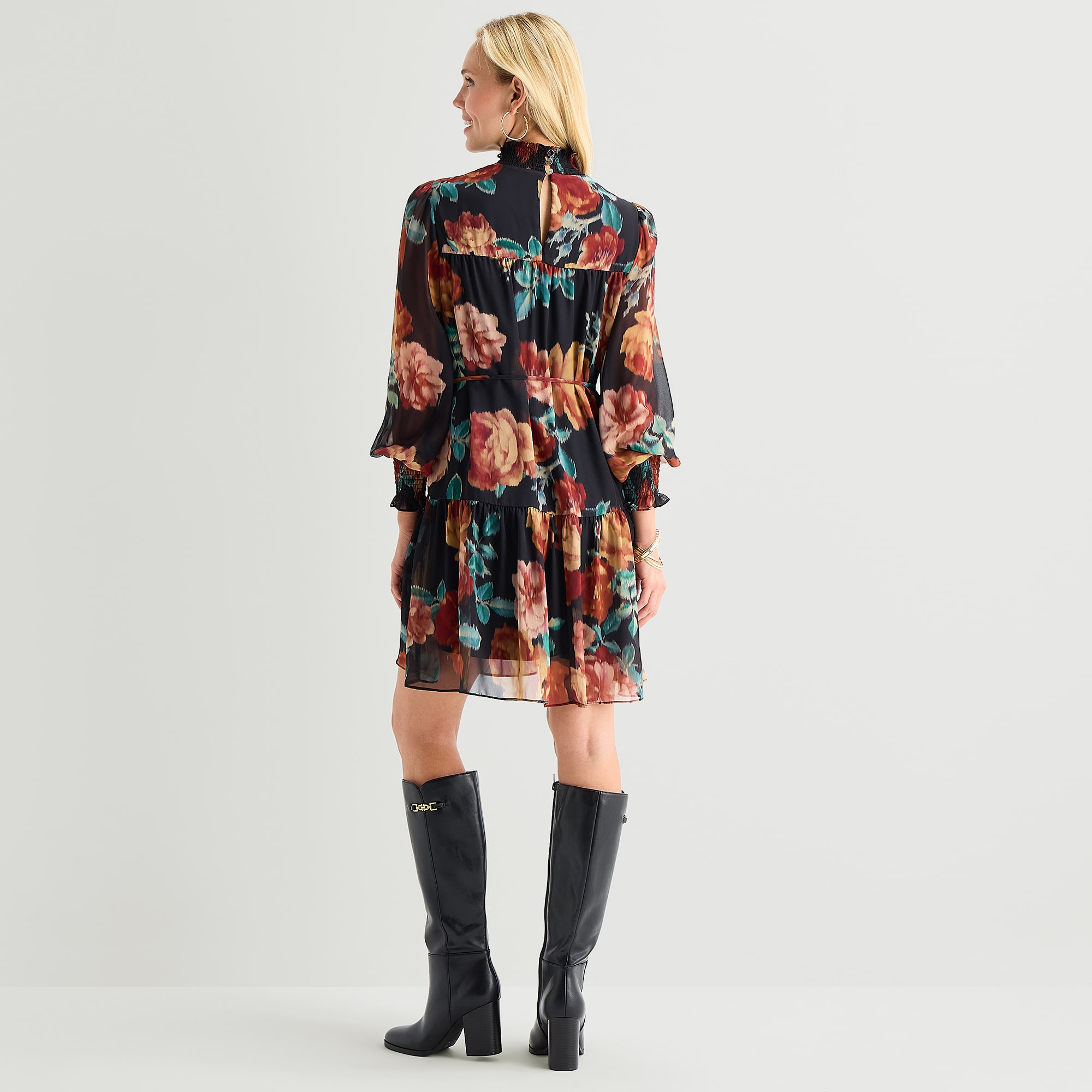 Maia Womens Turtleneck Long Sleeve Balloon Floral Fit + Flare Dress