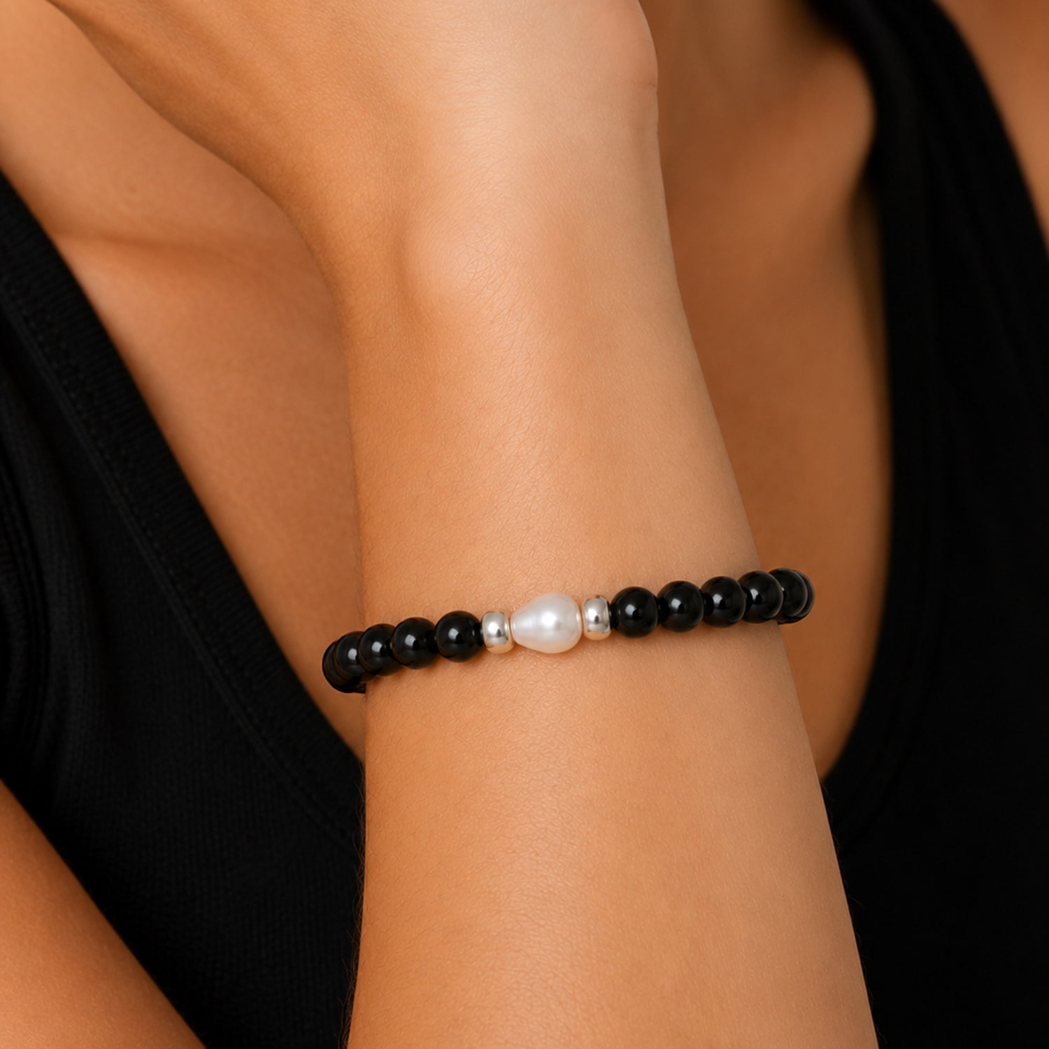 Limited Quantities! Womens Genuine Black Onyx Cultured Freshwater Pearl Sterling Silver Beaded Bracelet