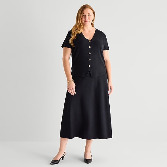 Liz Claiborne Womens Plus High Rise Midi Sweater Knit Flared Skirt
