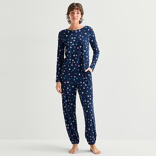 Jaclyn Womens Crew Neck Long Sleeve 2-pc. Pajama Set In Blue