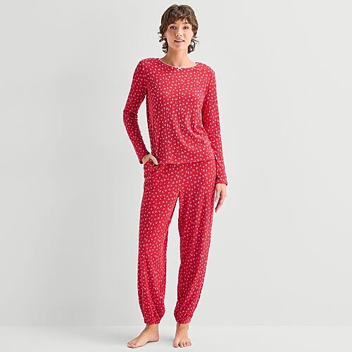 Jaclyn Womens Crew Neck Long Sleeve 2-pc. Pajama Set In Red