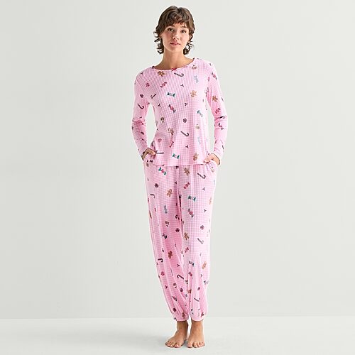 Jaclyn Womens Crew Neck Long Sleeve 2-pc. Pajama Set In Pink