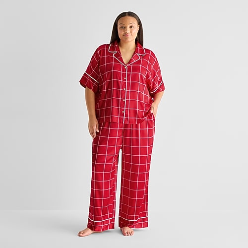Ambrielle Womens Satin Short Sleeve 2-pc. Plus Pajama Set In Red
