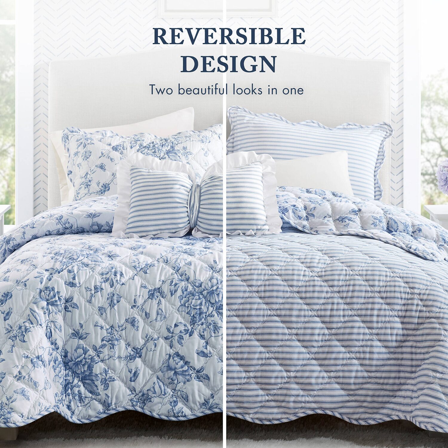 Madison Park Essentials Colette Floral Reversible With Decorative Pillow Quilt Set