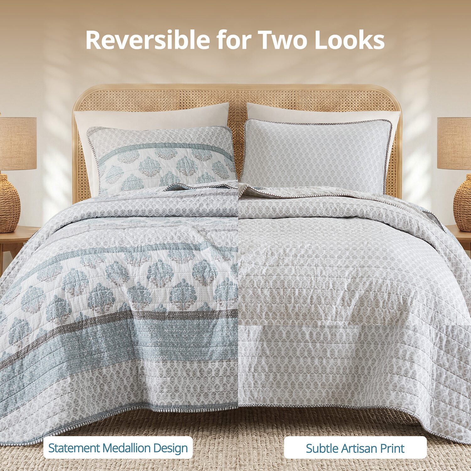 INK+IVY Surya Block Print Cotton Reversible 3-pc. Quilt Set