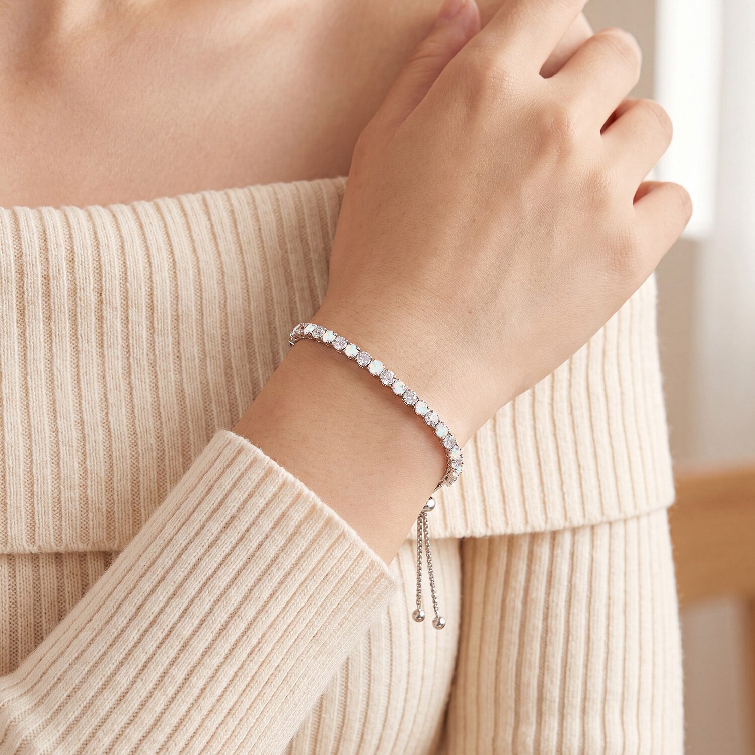 Womens Lab Created White Opal Sterling Silver Bolo Bracelet